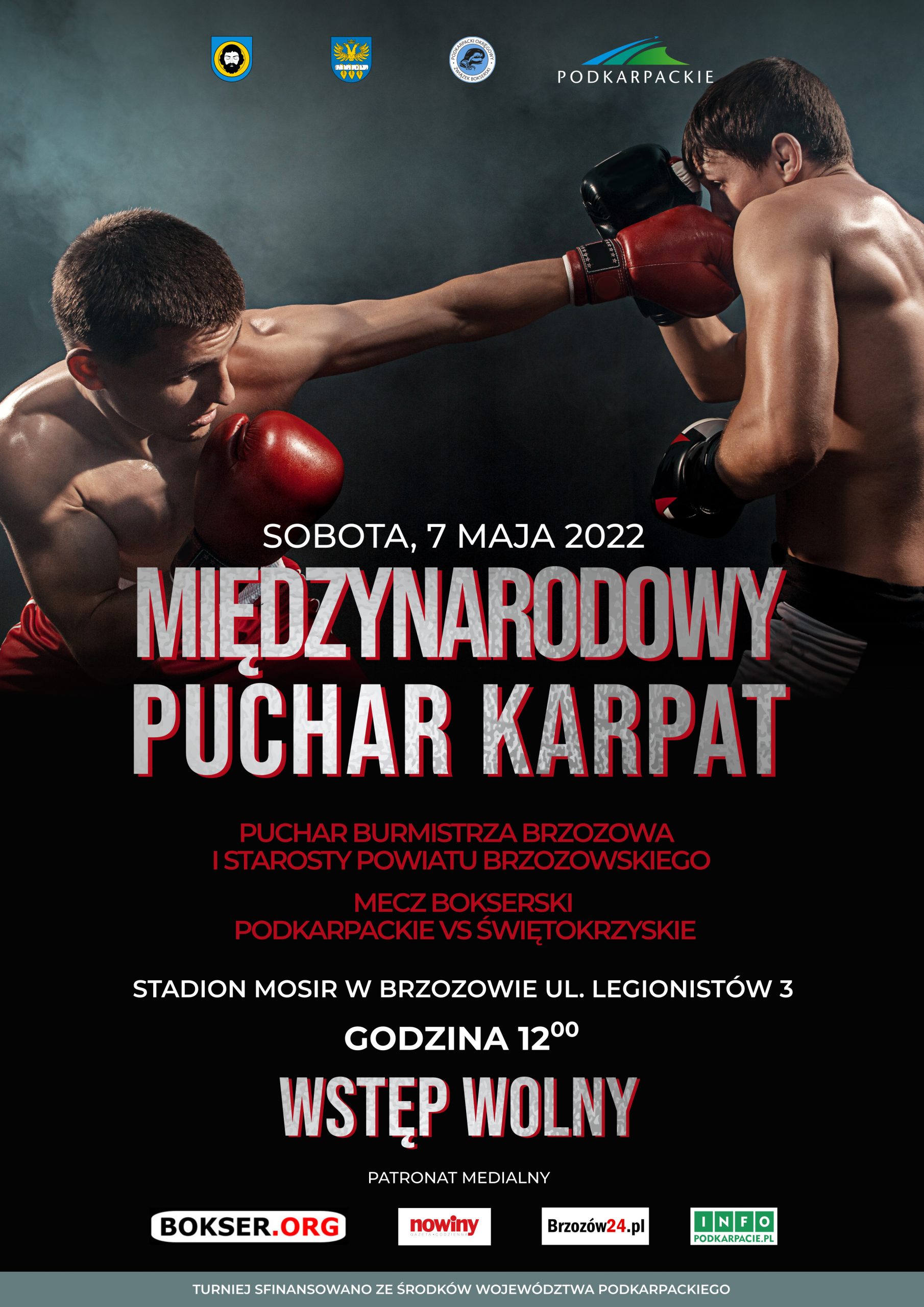 Międzynarodowy puchar karpat plakat, dwoje mężczyzn w pojedynku bokserskim na lekko seledynowy tle