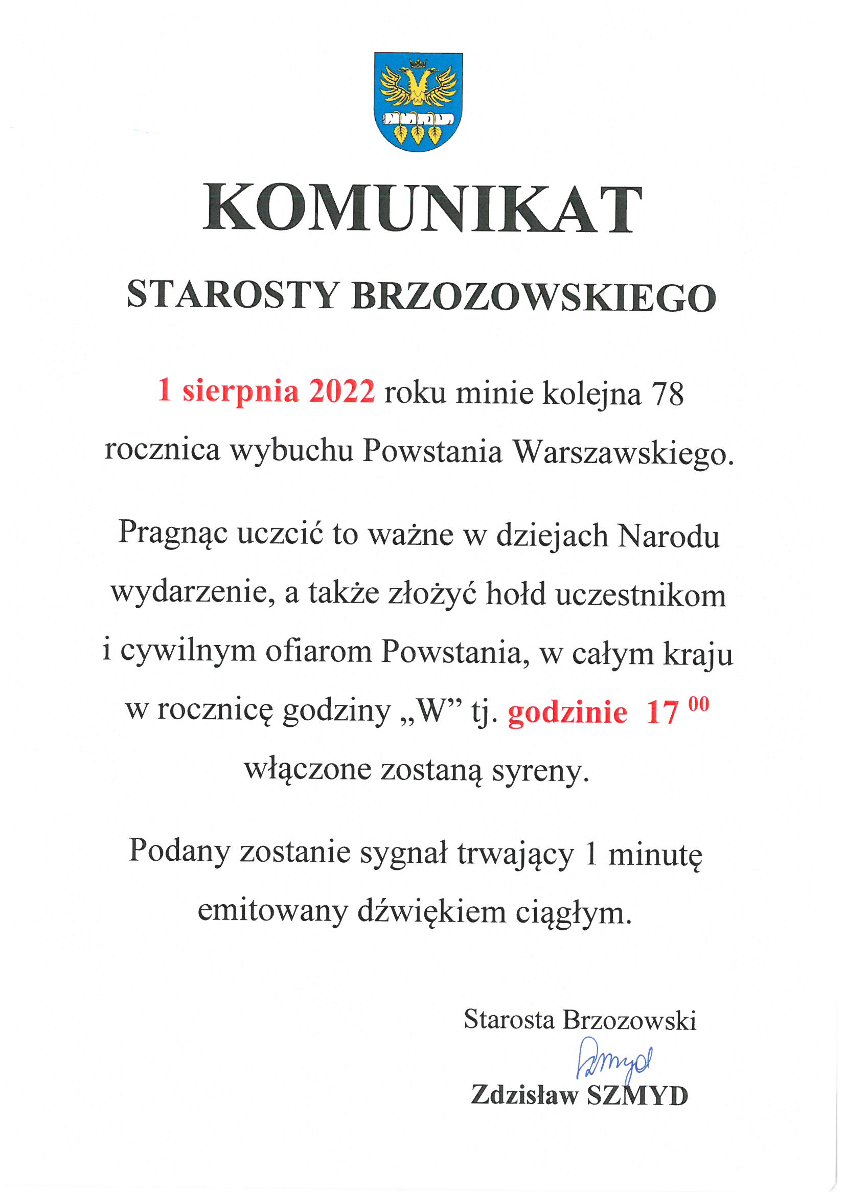 Komunikat Starosty Brzozowskiego 